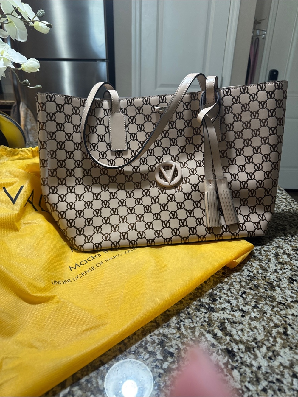 Valentino Beige Logo-Print Tote with Tassel Detail